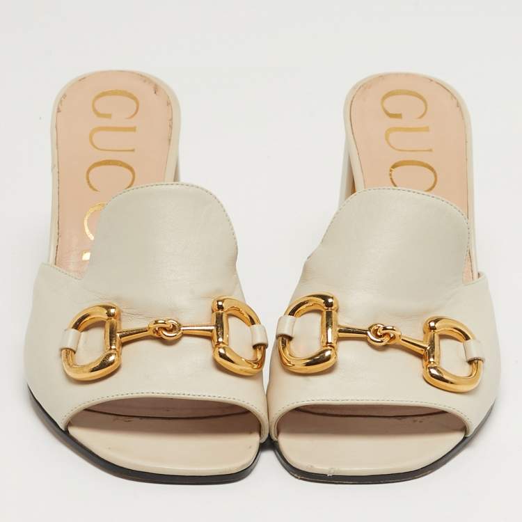 Pre Owned Gucci Horsebit Size 38.5 Cream  Leather Slide Sandals