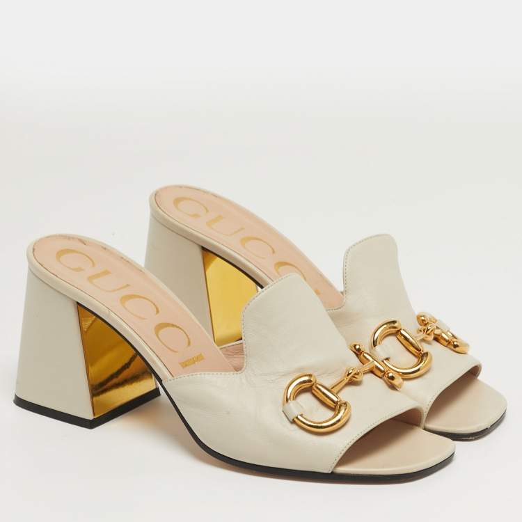 Pre Owned Gucci Horsebit Size 38.5 Cream  Leather Slide Sandals