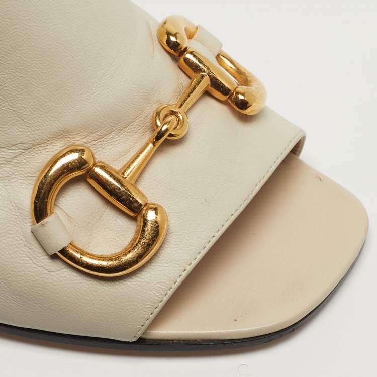 Pre Owned Gucci Horsebit Size 38.5 Cream  Leather Slide Sandals
