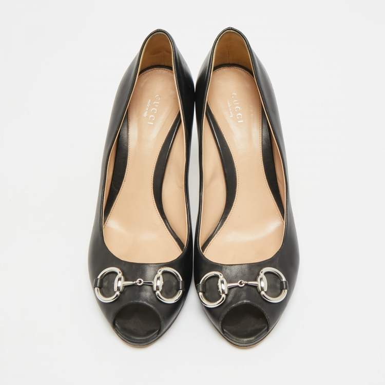 Pre Owned Gucci Guccissima Size 40.5 Black Leather Horsebit Peep Toe Pumps