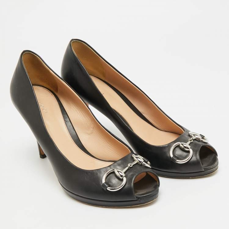 Pre Owned Gucci Guccissima Size 40.5 Black Leather Horsebit Peep Toe Pumps