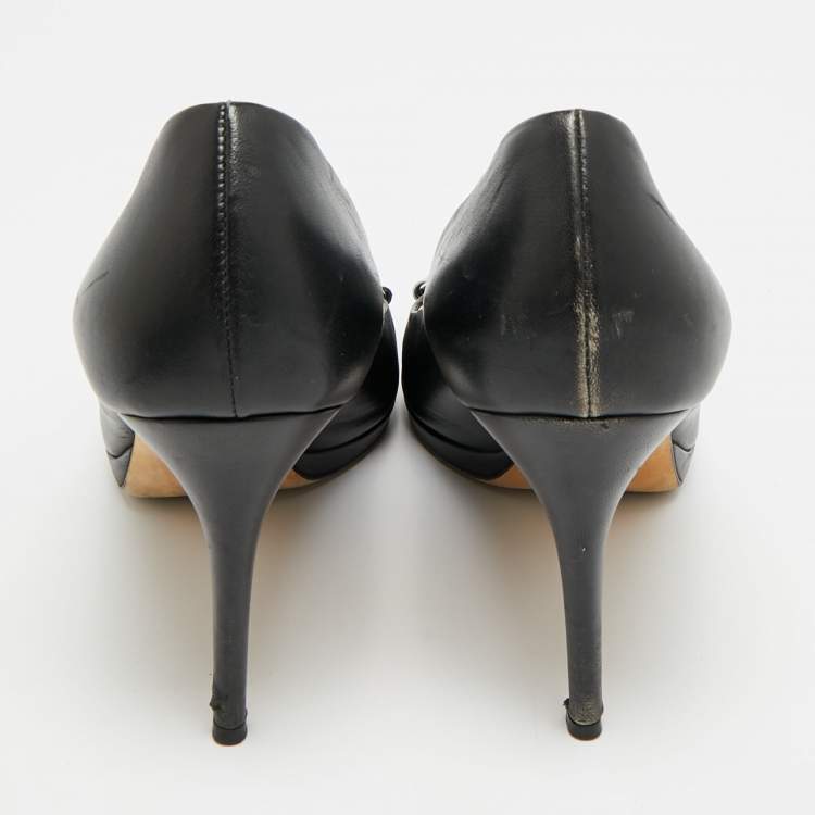 Pre Owned Gucci Guccissima Size 40.5 Black Leather Horsebit Peep Toe Pumps