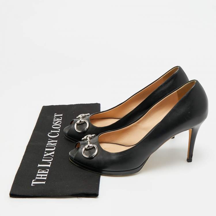 Pre Owned Gucci Guccissima Size 40.5 Black Leather Horsebit Peep Toe Pumps