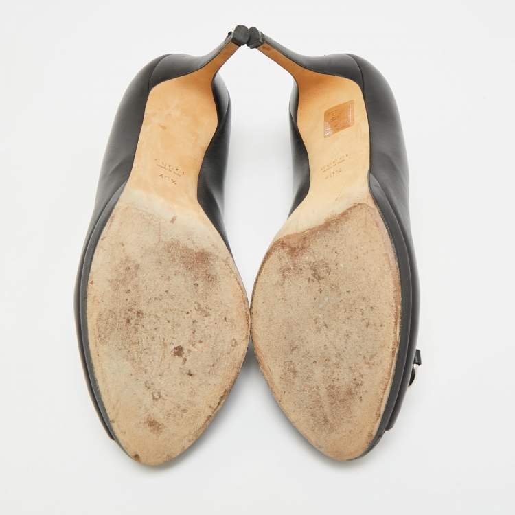 Pre Owned Gucci Guccissima Size 40.5 Black Leather Horsebit Peep Toe Pumps