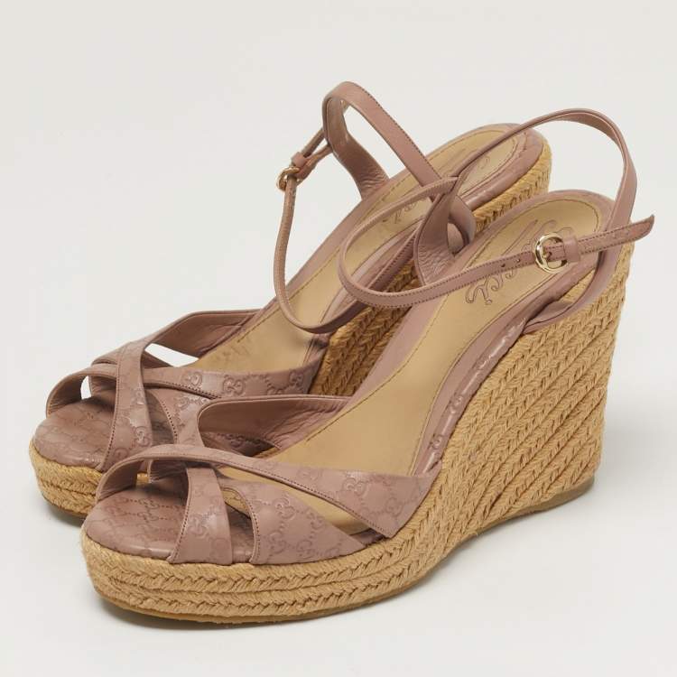 Pre Owned Gucci Penelope Size 38 Dusty Pink Microguccissima Leather Espadrille Wedge Sandals