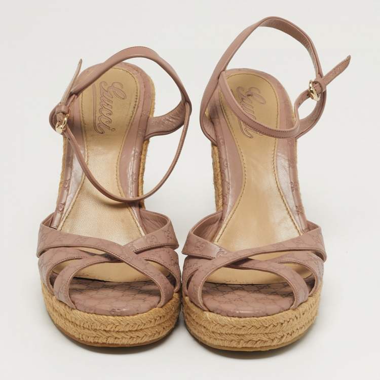 Pre Owned Gucci Penelope Size 38 Dusty Pink Microguccissima Leather Espadrille Wedge Sandals