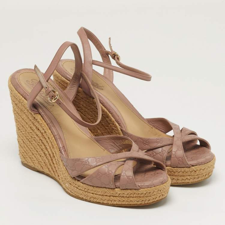 Pre Owned Gucci Penelope Size 38 Dusty Pink Microguccissima Leather Espadrille Wedge Sandals