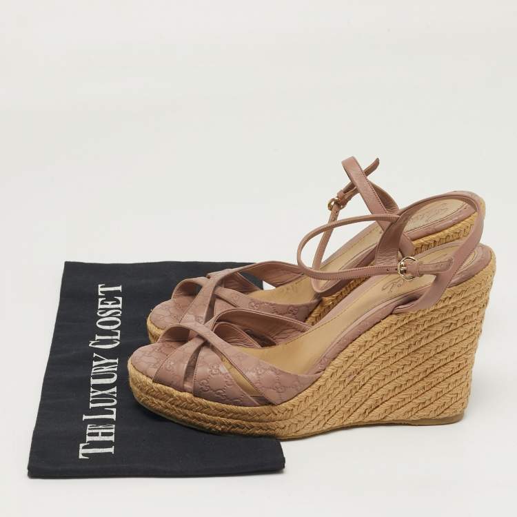 Pre Owned Gucci Penelope Size 38 Dusty Pink Microguccissima Leather Espadrille Wedge Sandals
