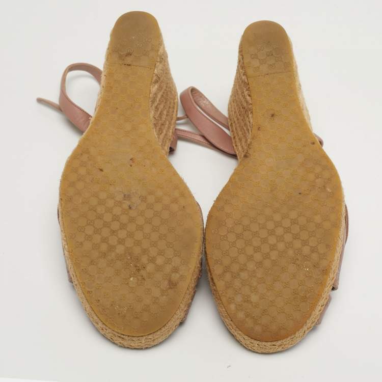 Pre Owned Gucci Penelope Size 38 Dusty Pink Microguccissima Leather Espadrille Wedge Sandals