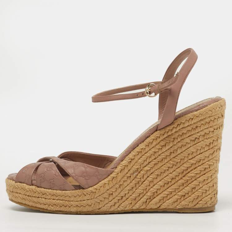 Pre Owned Gucci Penelope Size 38 Dusty Pink Microguccissima Leather Espadrille Wedge Sandals