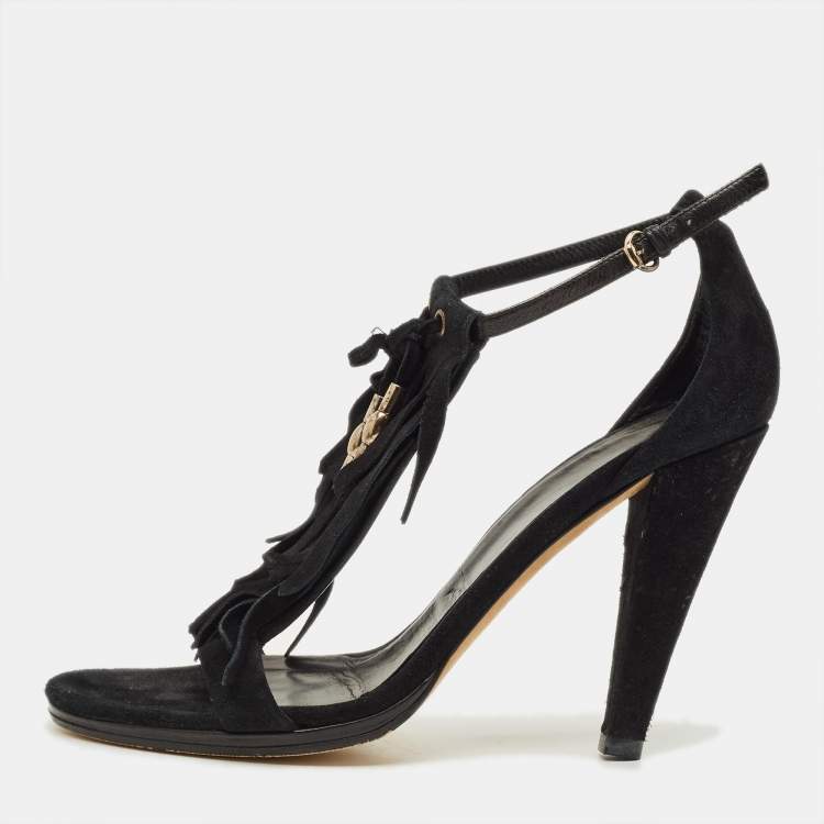 Pre Owned Gucci Size 40.5 Black Suede Fringe Bow Sandals