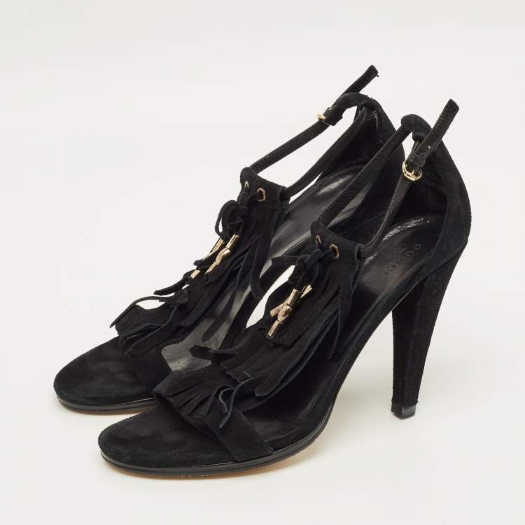 Pre Owned Gucci Size 40.5 Black Suede Fringe Bow Sandals