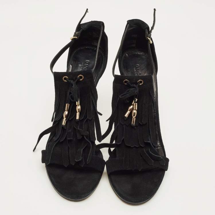Pre Owned Gucci Size 40.5 Black Suede Fringe Bow Sandals