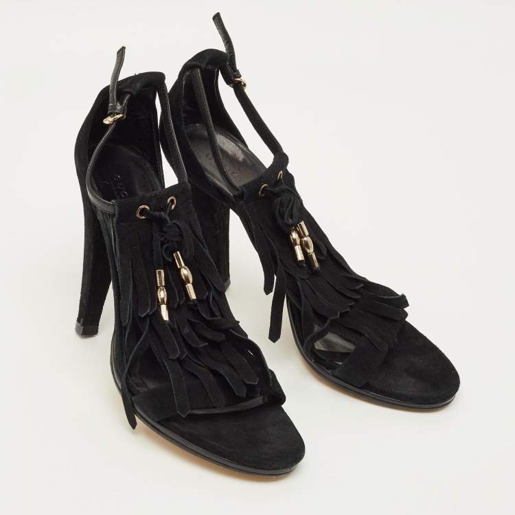 Pre Owned Gucci Size 40.5 Black Suede Fringe Bow Sandals