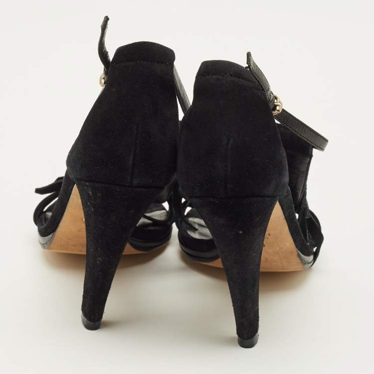 Pre Owned Gucci Size 40.5 Black Suede Fringe Bow Sandals