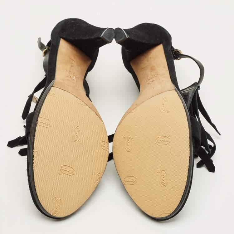 Pre Owned Gucci Size 40.5 Black Suede Fringe Bow Sandals