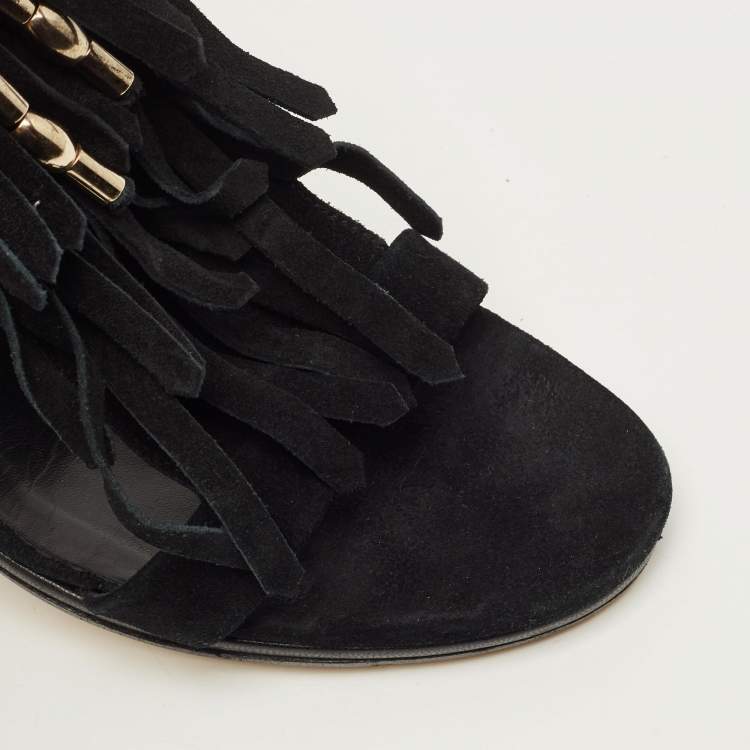 Pre Owned Gucci Size 40.5 Black Suede Fringe Bow Sandals