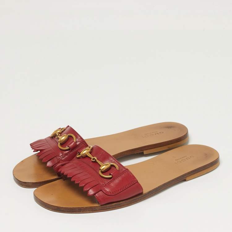 Pre Owned Gucci Horsebit Size 38 Red Leather Flat Slide