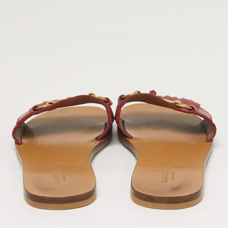 Pre Owned Gucci Horsebit Size 38 Red Leather Flat Slide