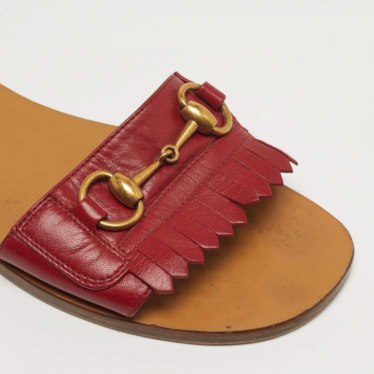 Pre Owned Gucci Horsebit Size 38 Red Leather Flat Slide