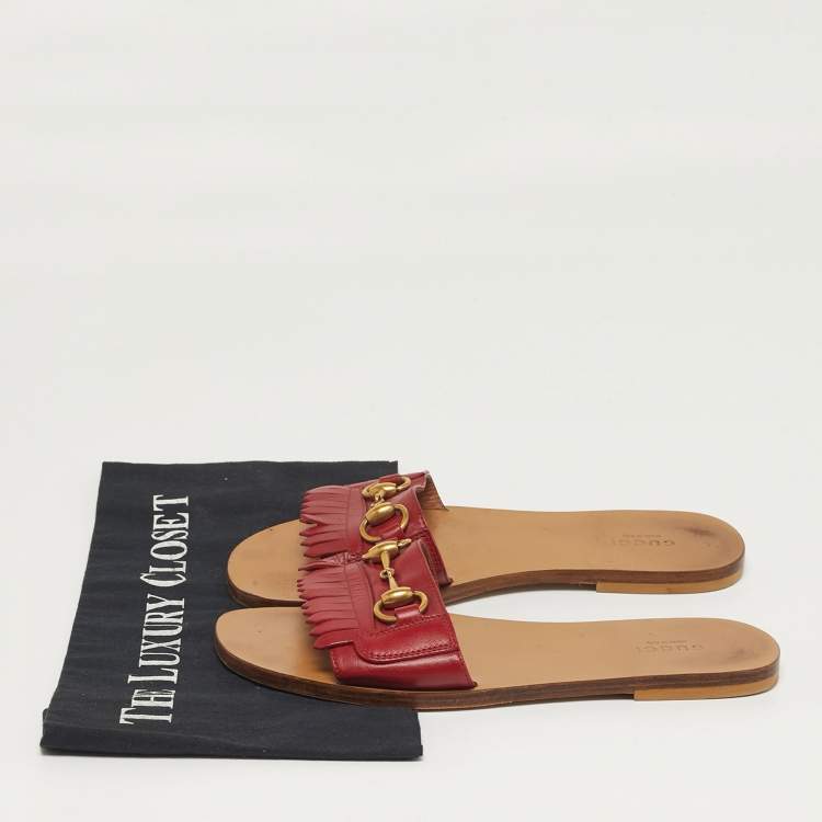 Pre Owned Gucci Horsebit Size 38 Red Leather Flat Slide
