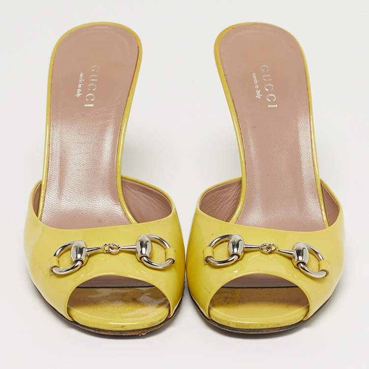 Pre Owned Gucci Horsebit Size 36 Yellow Patent Leather Slide Sandals