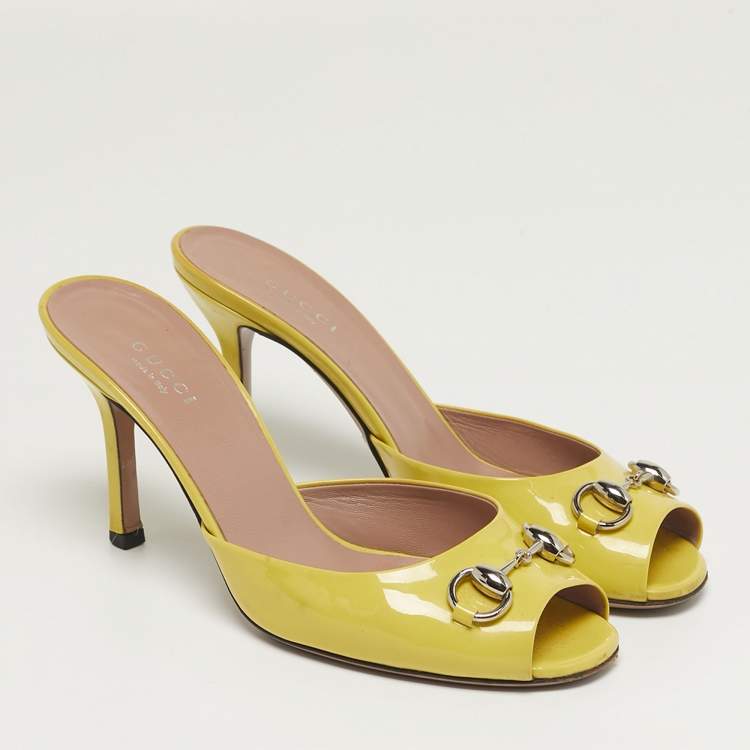 Pre Owned Gucci Horsebit Size 36 Yellow Patent Leather Slide Sandals