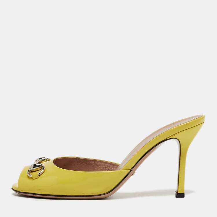 Pre Owned Gucci Horsebit Size 36 Yellow Patent Leather Slide Sandals
