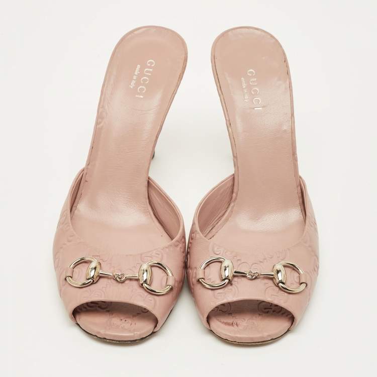 Pre Owned Gucci Horsebit Size 37 Pink Leather Guccissima Slide Sandals