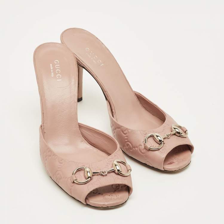Pre Owned Gucci Horsebit Size 37 Pink Leather Guccissima Slide Sandals