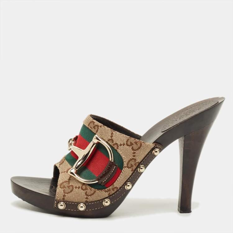 Pre Owned Gucci Horsebit Size 37.5 Beige Canvas Platform Sandals