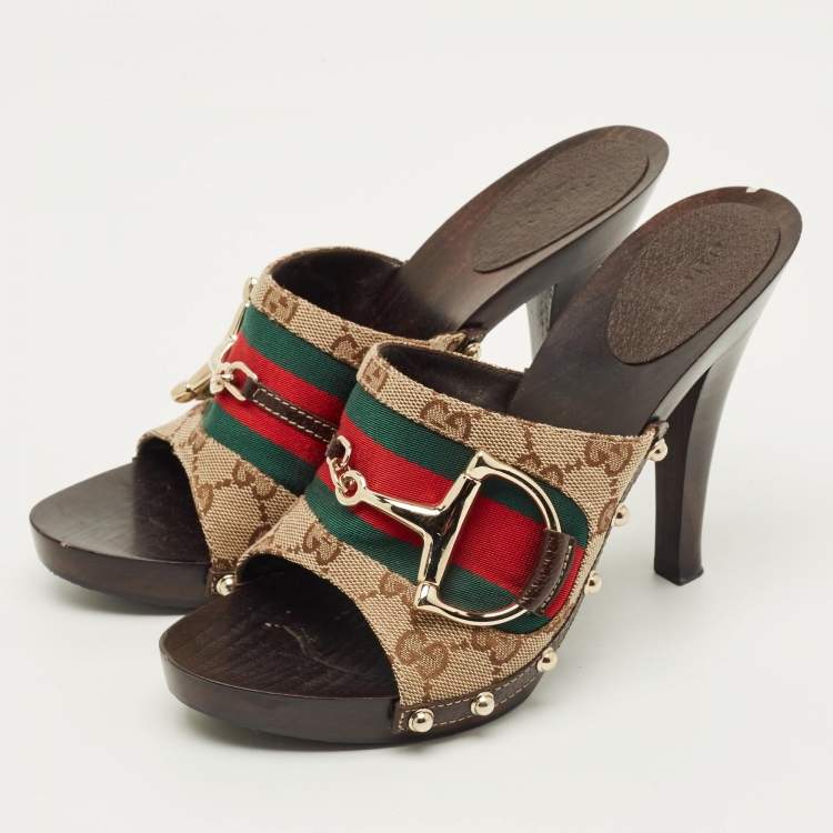 Pre Owned Gucci Horsebit Size 37.5 Beige Canvas Platform Sandals