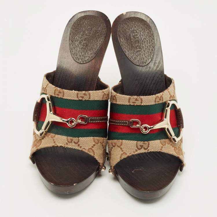 Pre Owned Gucci Horsebit Size 37.5 Beige Canvas Platform Sandals