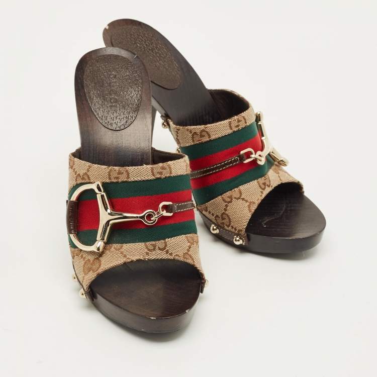 Pre Owned Gucci Horsebit Size 37.5 Beige Canvas Platform Sandals