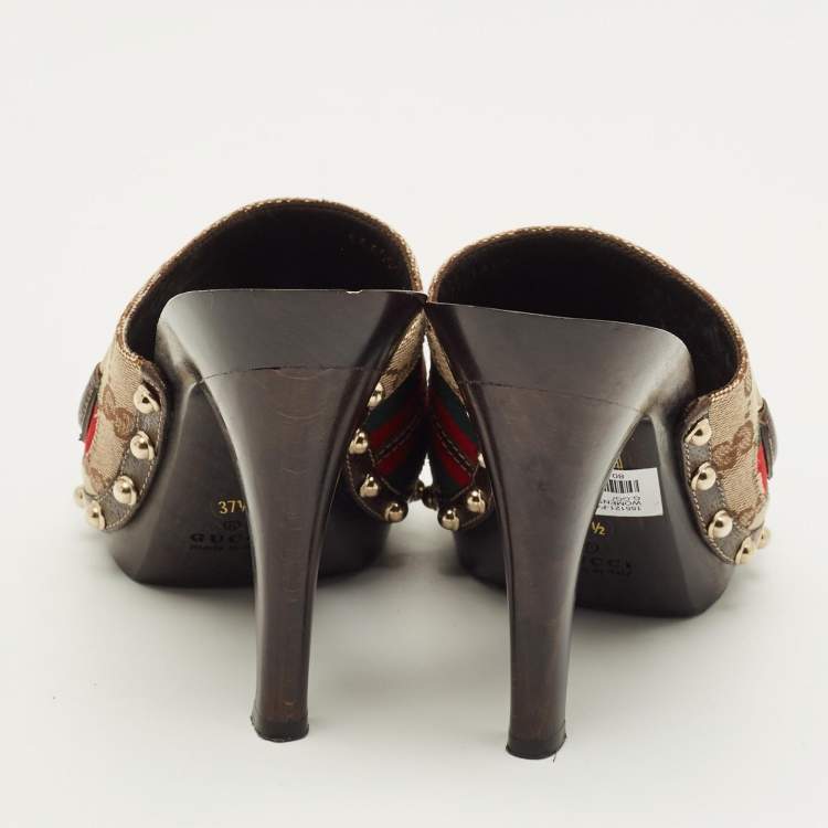 Pre Owned Gucci Horsebit Size 37.5 Beige Canvas Platform Sandals