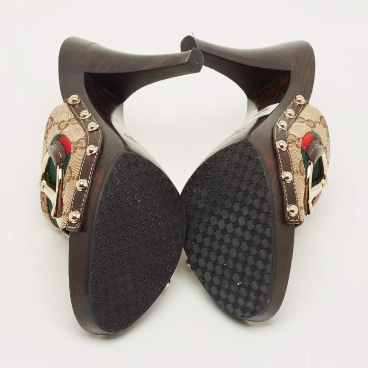 Pre Owned Gucci Horsebit Size 37.5 Beige Canvas Platform Sandals