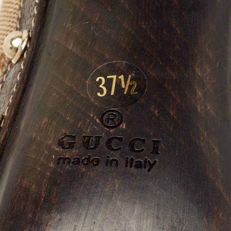 Pre Owned Gucci Horsebit Size 37.5 Beige Canvas Platform Sandals