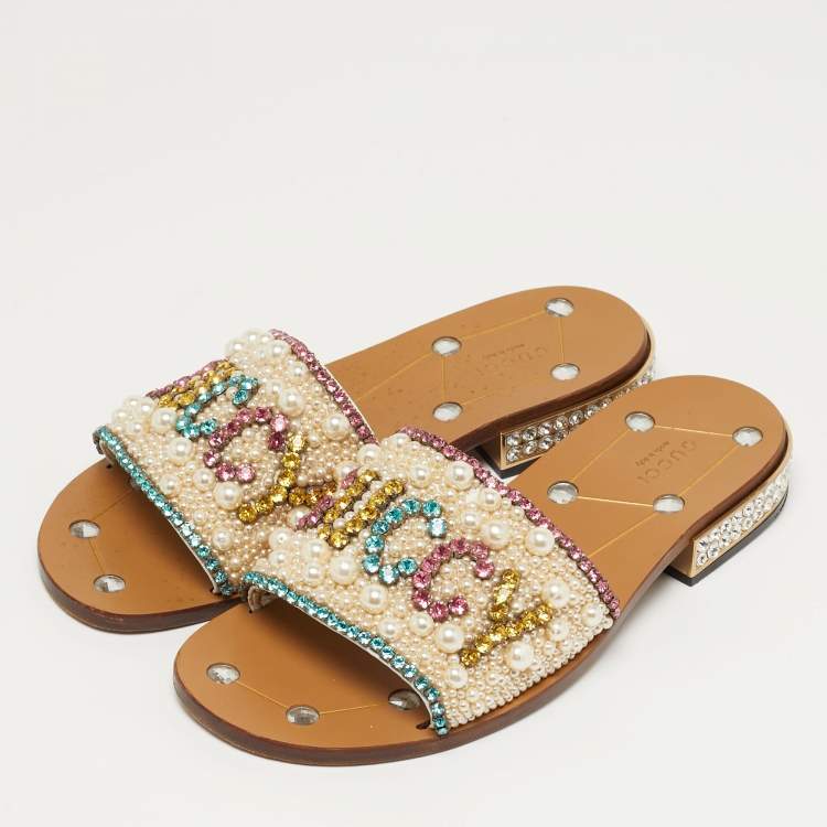 Pre Owned Gucci Size 39 Multicolor Leather Lupe Guccy Embellished Slide Sandals         