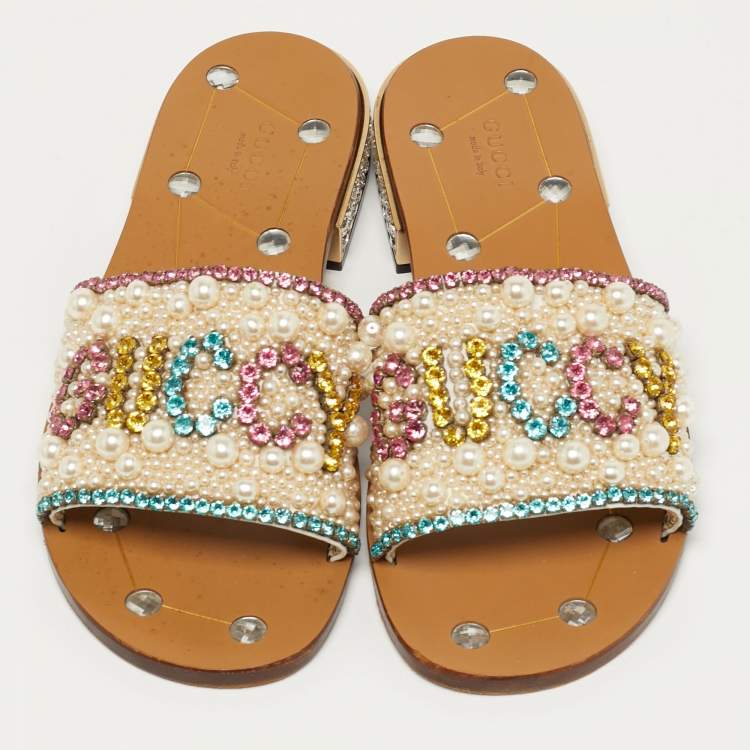 Pre Owned Gucci Size 39 Multicolor Leather Lupe Guccy Embellished Slide Sandals         