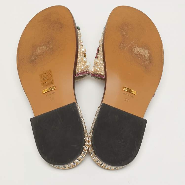 Pre Owned Gucci Size 39 Multicolor Leather Lupe Guccy Embellished Slide Sandals         