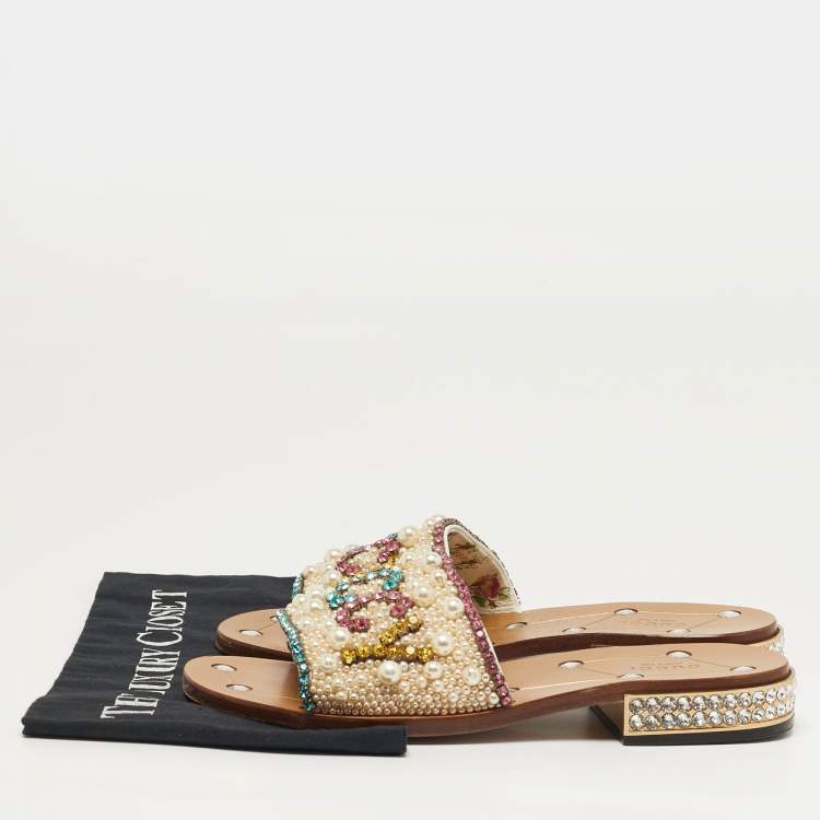 Pre Owned Gucci Size 39 Multicolor Leather Lupe Guccy Embellished Slide Sandals         