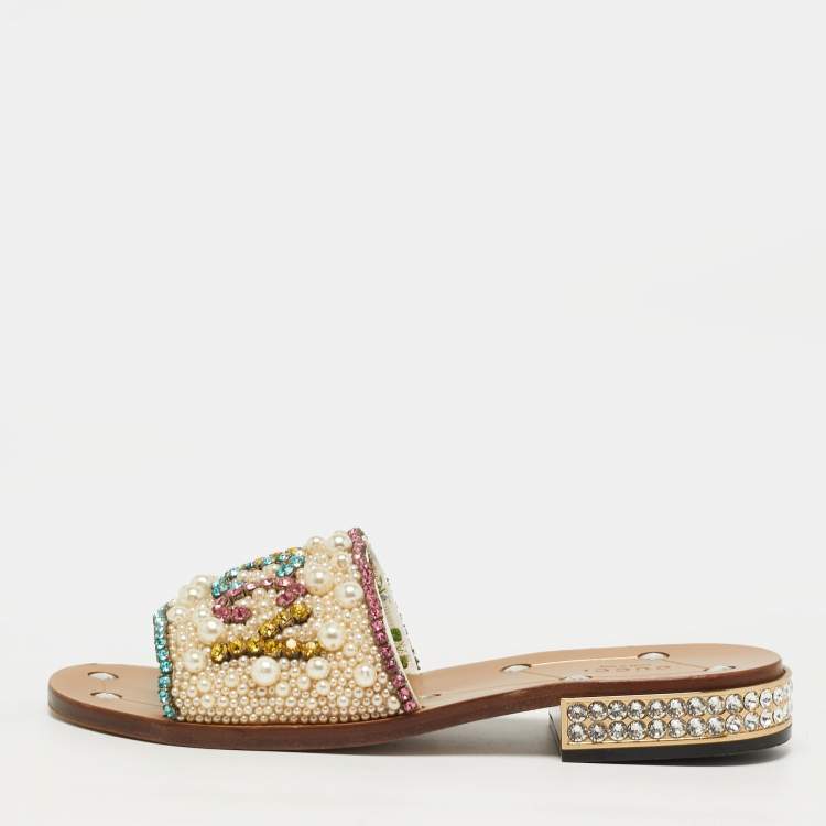 Pre Owned Gucci Size 39 Multicolor Leather Lupe Guccy Embellished Slide Sandals         