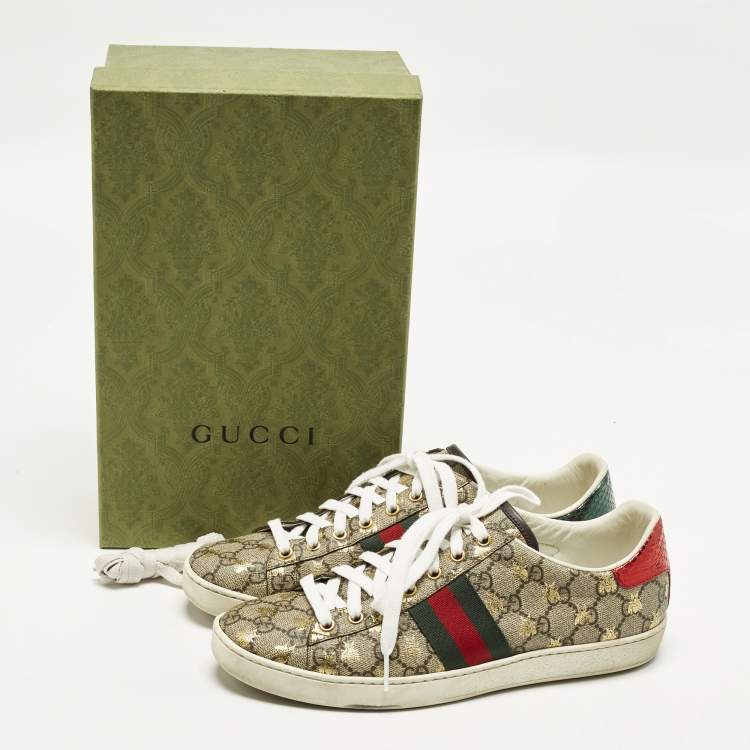 Pre Owned Gucci Ace Size 40 Beige/Brown GG Supreme Bees Canvas Low Top Sneakers