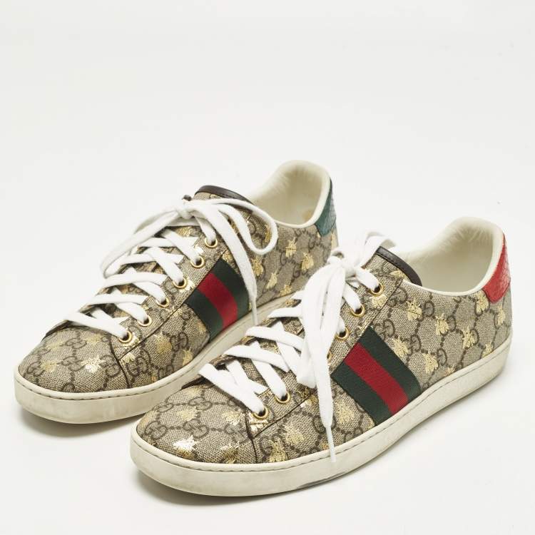 Pre Owned Gucci Ace Size 40 Beige/Brown GG Supreme Bees Canvas Low Top Sneakers