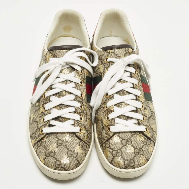 Pre Owned Gucci Ace Size 40 Beige/Brown GG Supreme Bees Canvas Low Top Sneakers