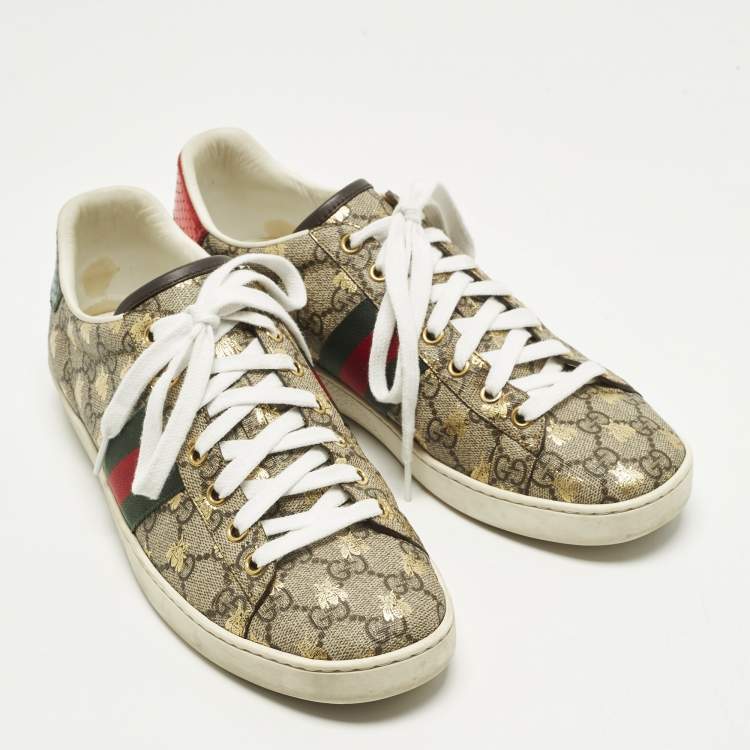 Pre Owned Gucci Ace Size 40 Beige/Brown GG Supreme Bees Canvas Low Top Sneakers