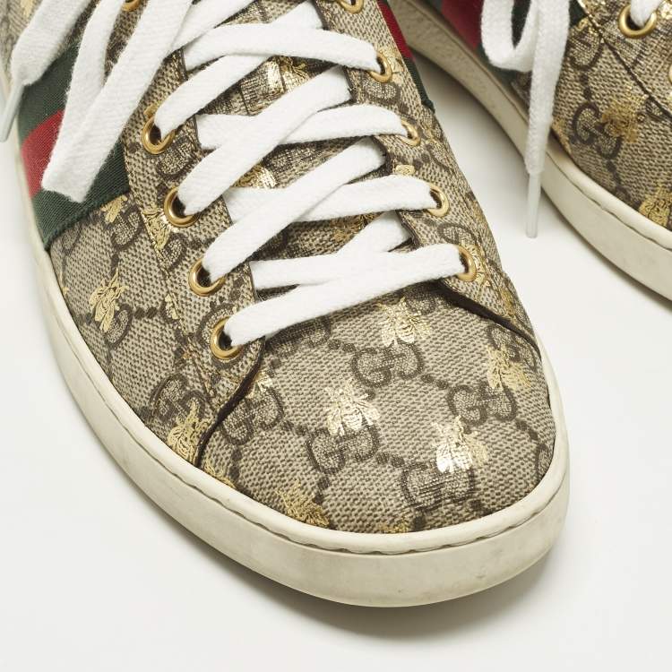 Pre Owned Gucci Ace Size 40 Beige/Brown GG Supreme Bees Canvas Low Top Sneakers