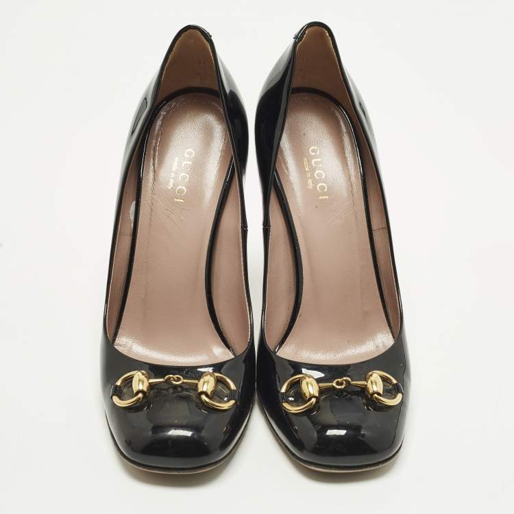 Pre Owned Gucci Horsebit Size 36 Black Patent Leather Peep Toe Pumps
