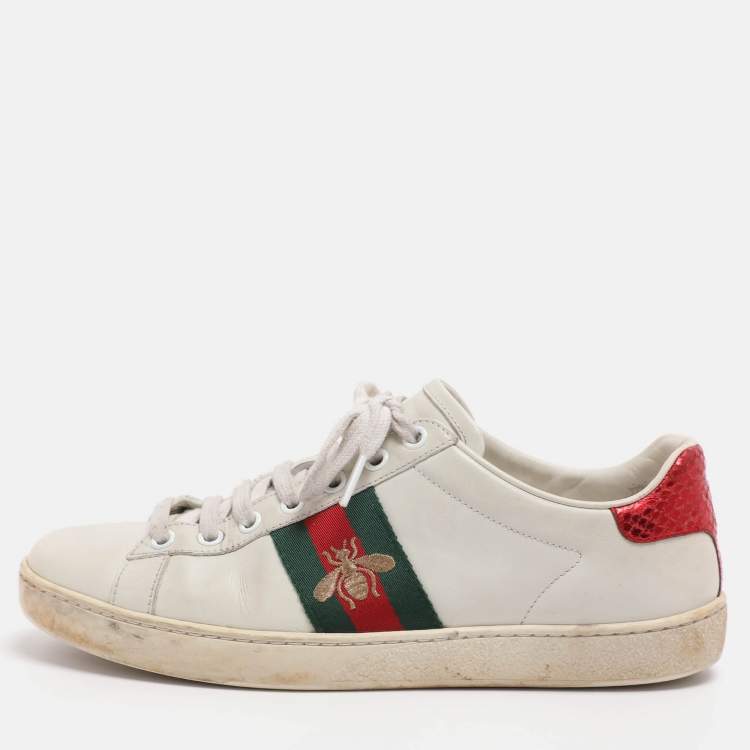 Pre Owned Gucci Ace Size 37 White Leather and Python Embossed Leather Low Top Sneakers