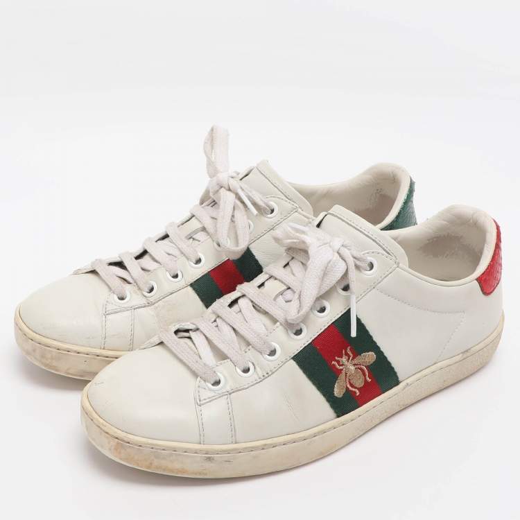 Pre Owned Gucci Ace Size 37 White Leather and Python Embossed Leather Low Top Sneakers